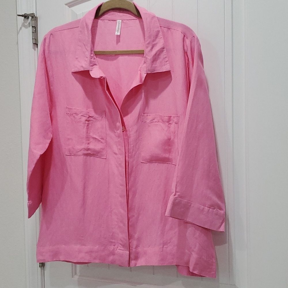 Passports Women’s Pink, Linen Blend, Button up Blouse,  Large